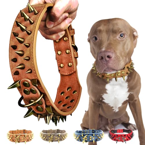Kawagogo Hundehalsband mit Spikes, großen scharfen, PU-Leder, 5.1 cm breit, schützt den Hals des Hundes vor Bissen, Pitbull Dobermann Deutscher Schäferhund (braun, L), 19.7''-24.4''(Total 26'') von Kawagogo