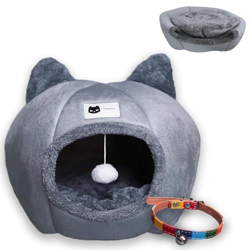 KawaiPets - Katzenbett - Katzenhöhle mit Waschbarem Innenkissen und Spielzeugball - Flauschiges Katzenbett - Katzenhaus mit Buntem Halsband als Geschenk von KawaiPets