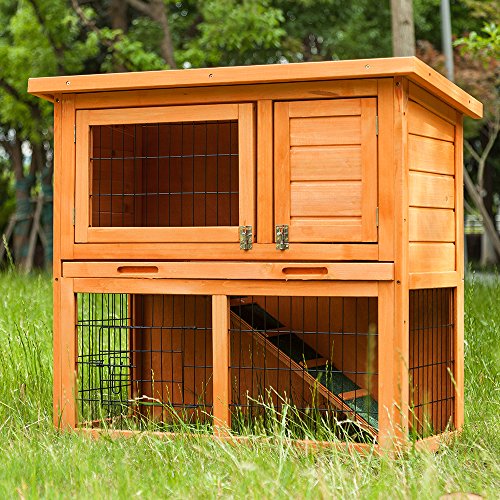 2-stöckiges Holzkaninchenhaus Käfig Hinterhof Garten Duplex Haus, geeignet für Kleintiere und Haustiere, mit geneigtem wetterfestem Dach, Rampe, Table von Kayan