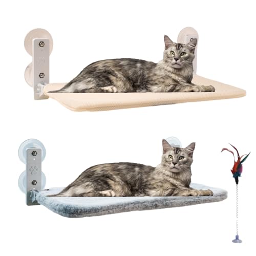 Katzen Fensterliege mit Stabil Saugnäpfe, 52x30cm Klappbar Katzenbett Fenster mit Samtmaske und Gefiedertes Katzenspielzeug, Hängematte Fensterplätze Katzenbett für Katzen Aller Größen, bis zu 25kg von Kayuneed