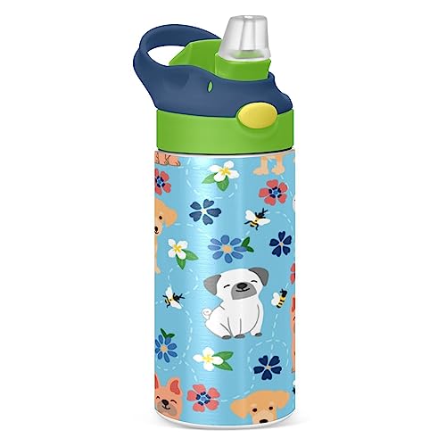 Kcldeci Isolierte Wasserflasche mit Strohhalm für Sport und Reisen, niedliche, bunte Welpenhunde, Sport-Wasserflaschen, hält 24 Stunden kalt und heiß von Kcldeci