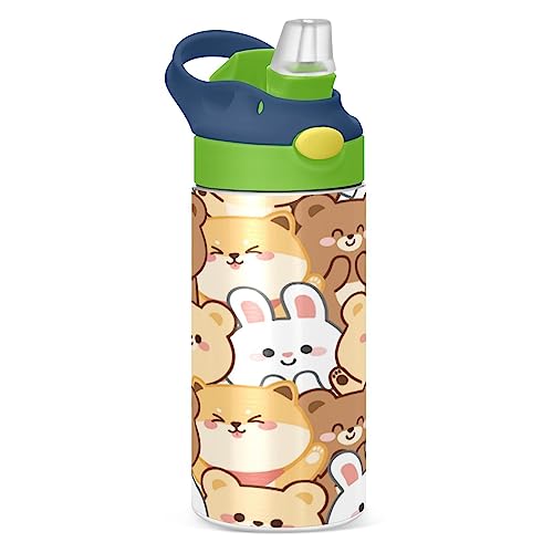 Kcldeci Isolierte Wasserflasche mit Strohhalm für Sport und Reisen Cartoon Bär Hund Kaninchen Sport Wasserflaschen Halten Sie 24 Stunden kalt und heiß von Kcldeci