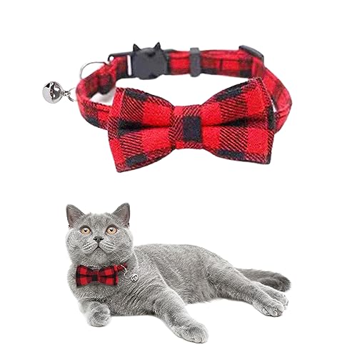 Kcysta Katzenhalsbänder mit Schottenmuster, Schnellverschluss, verstellbares Katzenhalsband mit Glocke und Fliege, Haustier-Halsbänder für Katzen, kleines Haustier (rot) von Kcysta