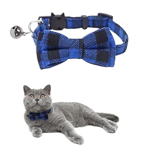 Kcysta Katzenhalsband, Schottenkaro, Schnellverschluss, verstellbares Katzenhalsband mit Glöckchen und Fliege, Haustier-Halsbänder für Katzen, kleine Haustiere (blau) von Kcysta