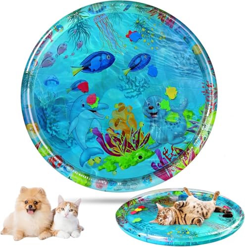 Katzen-Wassermatte, Kühlkissen, Katzen-Wasserbett-Spielmatte, verdickte sensorische Spielmatte für Katzen und Hunde, Ozean-Thema, rund, sensorisch, rutschfeste Spielmatte, schwimmender Fisch für von Kcyuowq