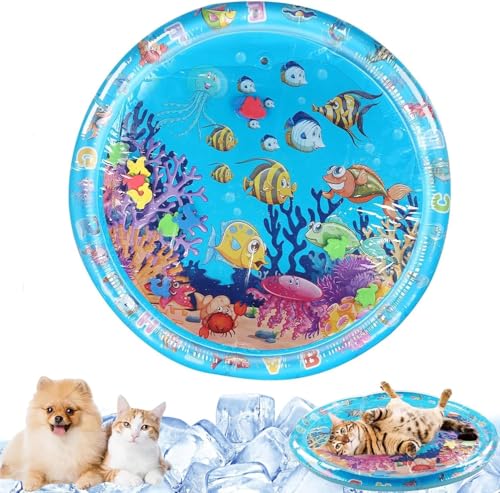 Katzen-Wassermatten, Kühlkissen, Wasserbett-Spielmatte, 2025 neue verdickte Wassersensorische Spielmatte für Katzen und Hunde, Ozean-Thema, rund, sensorisch, rutschfeste Spielmatte, schwimmender Fisch von Kcyuowq