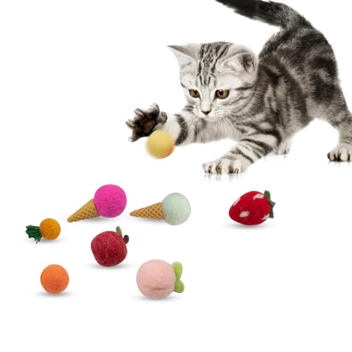 KeaJuidy 8 Stück Filzbälle für Katzen Katzenspielzeug Katzenbälle aus Filz 100% Wolle Fruchtform Plüschball Wollbälle Kätzchen Pompon Spielzeug Bälle Interaktives Haustier Katzenkugeln von KeaJuidy