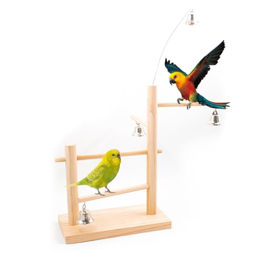 Papageien Spielständer aus Holz mit Glocke Vogelspielplatz Vogelkäfig Spielzeug Papageienübung Holz Desktop Vogelstange Natürlicher Papageienbarsch für Wellensittiche, Sittiche von KeaJuidy