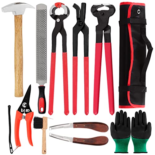 Keadic Hufwerkzeug-Set mit Rollen, 10-teilig, inklusive Hufeisenzange, 4-in-1-Feilraspel, Hufeisenbürste, Hufschneider, Hufhammer und Handschuhe für Rinder, Schafe, Pferde, Esel von Keadic