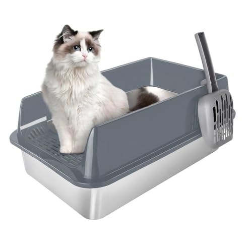 Katzentoilette, Katzentoilette aus Edelstahl, offene Katzentoilette mit Schaufel für Katzentoilette (grau, 50 x 35 x 24 cm) von Kedia