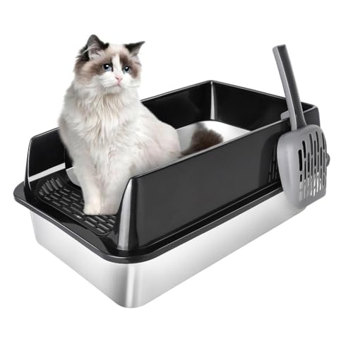 Katzentoilette aus Edelstahl, offene Katzentoilette mit Schaufel für Katzentoilette (schwarz, 50 x 35 x 24 cm) von Kedia