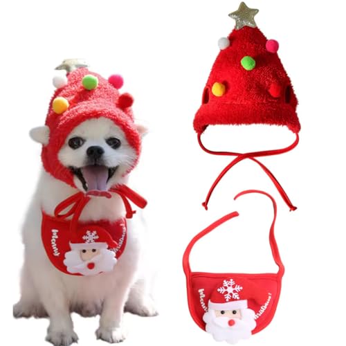Adorable Christmas Tree Pom-Pom Hat, Christmas Tree Hat for Dogs & Cats, Entzückende Weihnachtsbaum-Bommelmütze, Weihnachtsbaum-Mütze, Lustige weiche Haustiermütze für Hunde und Katzen (Rot, S) von Keeplus