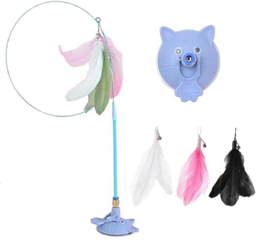 Meowmastery Toy,Meow Mastery Teaser Wand mit 3Stk Federn,Interaktives Katzenspielzeug Intelligenz Katzen Spielzeug Mit Saugnapf,Natürlich Interaktives Federspielzeug für Kleine Große Katzen (Blau) von Keeplus