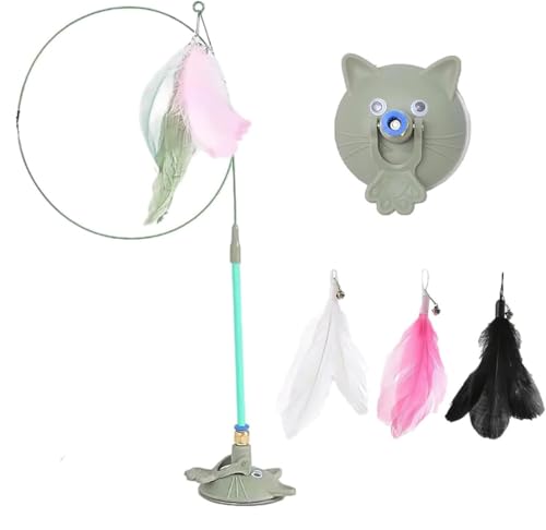 Meowmastery Toy,Meow Mastery Teaser Wand mit 3Stk Federn,Interaktives Katzenspielzeug Intelligenz Katzen Spielzeug Mit Saugnapf,Natürlich Interaktives Federspielzeug für Kleine Große Katzen (Grün) von Keeplus