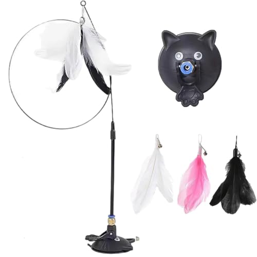 Meowmastery Toy,Meow Mastery Teaser Wand mit 3Stk Federn,Interaktives Katzenspielzeug Intelligenz Katzen Spielzeug Mit Saugnapf,Natürlich Interaktives Federspielzeug für Kleine Große Katzen (Schwarz) von Keeplus