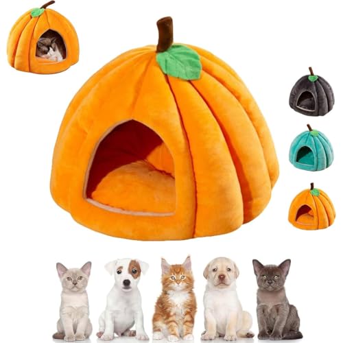 Pumpkin Cat Bed, 2025 Cute Pumpkin Shape Cat Cave, Puppy House, Katzenbetten für Hauskatzen, faltbare Katzenbetthöhle, Katzenhaus mit waschbaren Kissen, Niedliche Katzenhöhle in Kürbisform (Orange, S) von Keeplus