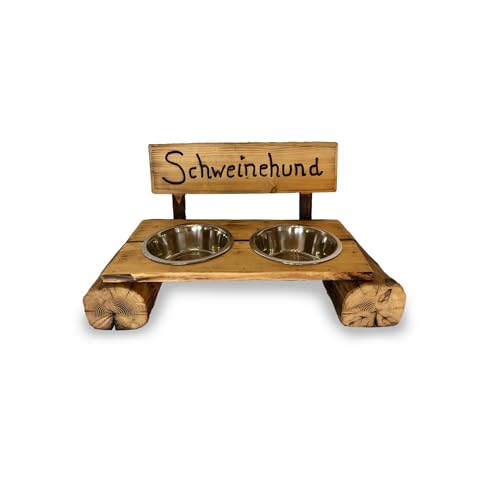 Rustikale Hundebank mit Edelstahl-Futternapf – handgefertigte Futterstation aus Lärchenholz (Made in Germany) | Höhen 10/20/30 cm | Napf Ø 14/20 cm | erhöht, geölt, langlebig (Holz dunkel) von Kehrs Hand&Home