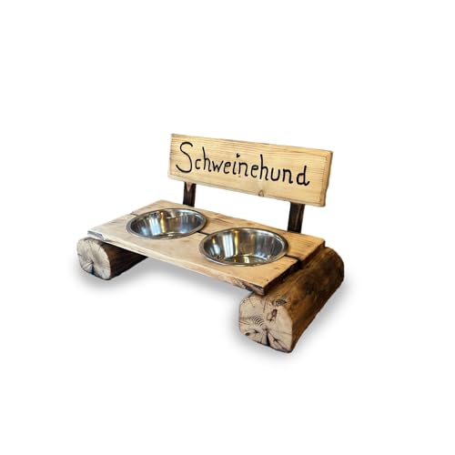 Rustikale Hundebank mit Edelstahl-Futternapf – handgefertigte Futterstation aus Lärchenholz (Made in Germany) | Höhen 10/20/30 cm | Napf Ø 14/20 cm | erhöht, geölt, langlebig (Holz hell) von Kehrs Hand&Home