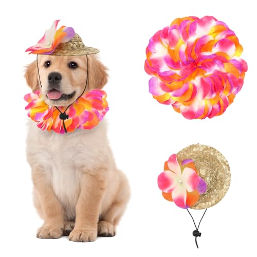 Hawaiianisches Haustierkostüm, Hundekostüm, 1 x Blumengirlande und 1 x hawaiianischer Strohhut, für Hunde, Welpen, Hawaiianische Leis, Outfits für Haustiere, Katzen, Party, Verkleidung, Cosplay-Kostüm Hawaiianisches Haustierkostüm, Hundekostüm, 1 x Blumengirlande und 1 x hawaiianischer Strohhut, für Hunde, Welpen, Hawaiianische Leis, Outfits für Haustiere, Katzen, Party, Verkleidung, Cosplay-Kostüm von Kelamayi