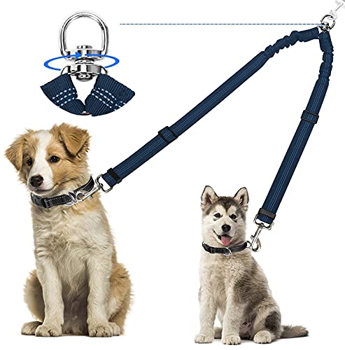 Kelivi Doppel-Hundeleinenkupplung, kein Verheddern, 360 ° drehbar, Zwei Hundeleinen Splitter, strapazierfähig, verstellbar, Bungee-reflektierend, kleine, mittelgroße und große Hunde (blau) von Kelivi