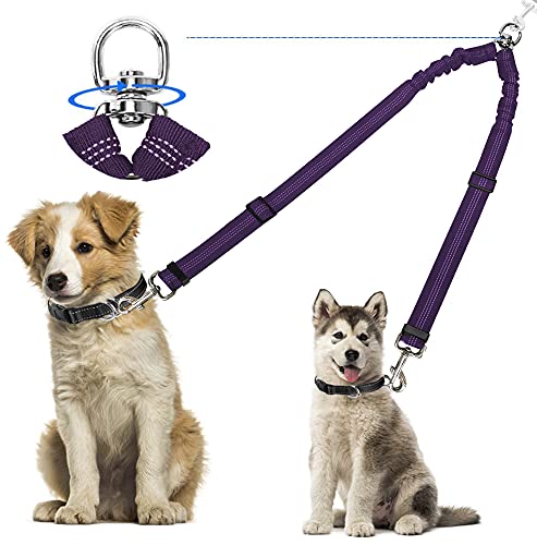 Kelivi Doppel-Hundeleinenkupplung, kein Verheddern, 360 ° drehbar, Zwei Hundeleinen Splitter, strapazierfähig, verstellbar, Bungee-reflektierend, kleine, mittelgroße und große Hunde (lila) von Kelivi