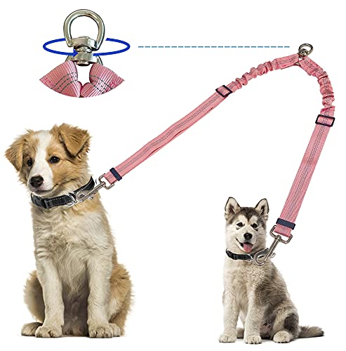 Kelivi Doppelte Hundeleinenkupplung, kein Verheddern, 360 ° drehbar, zwei Hundeleinen-Splitter, strapazierfähig, verstellbar, Bungee-reflektierend, kleine, mittelgroße und große Hunde (hellrosa) von Kelivi