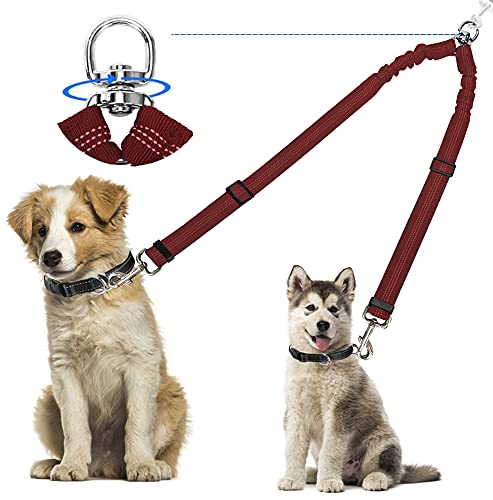 Kelivi Doppelte Hundeleinenkupplung, kein Verheddern, 360 ° drehbar, zwei Hundeleinen-Splitter, strapazierfähig, verstellbar, Bungee-reflektierend, kleine, mittelgroße und große Hunde (rot) von Kelivi