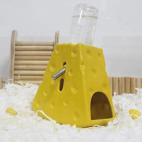 Kelivi Hamster Wasserflasche für Glastank, Einstellbarer Hamster Wasserflasche mit breiter Unterstand Anti-Fall,Keramik Käse Form Wasserflasche Halter für Zwerg Hamster Mäuse Ratte von Kelivi
