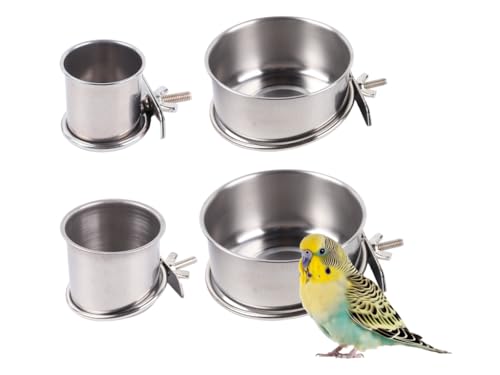 Kellegour Edelstahl Vogelnapf,4 Stück Papageien-Futterbecher,Set Edelstahl Vogel Futternapf zum Einhängen,Edelstahlnapf mit Halter Wellensittich Zubehör,Käfigschalen mit Klemmhalter für Vogel Papageie von Kellegour