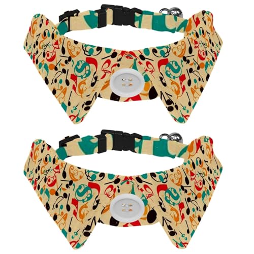 2 x Hunde-Fliegen, Sicherheitsschnalle, verstellbar, weich, Welpenhalsband mit Glöckchen für kleine Kätzchen, Retro-Musikinstrument-Muster von KengjuTesu