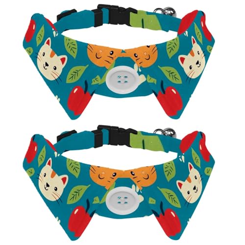 2 x Hundehalsband, Sicherheitsschnalle, verstellbar, weich, mit Glöckchen, für kleine Kätzchen, Haustiere, Cartoon-Katzen, Früchte, Blätter, 2 Stück von KengjuTesu