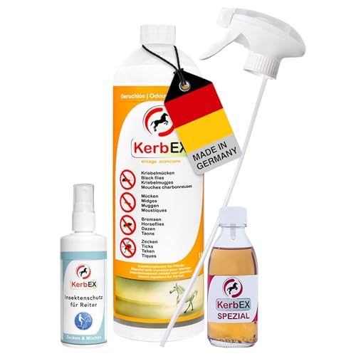 KerbEx Kombiset Orange rot Insektenabwehrmittel für Pferde bei leichtem bis mittlerem Insektenbefall - inkl. 1L Sprühflasche, 100 ml Spezialöl, Insektenschutz für Reiter – Made in Germany von KerbEx