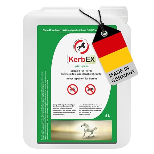 KerbEX grün - 5 Liter - Insektenabwehrmittel für Pferde – Ohne Knoblauch mit spezieller Komposition ätherischer Öle, Schutz vor Bremsen, Mücken, Kriebelmücken und Zecken von KerbEx