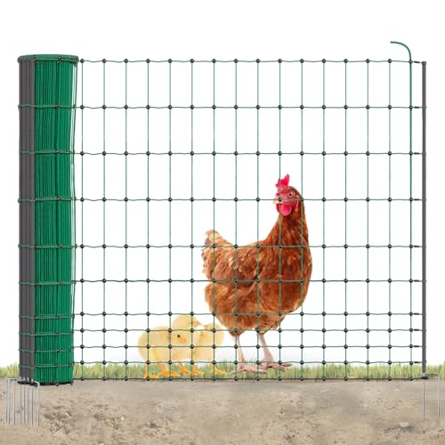 AKO PoultryNet Premium Geflügelnetz - 25m Hühnerzaun, 106cm hoch, mit 8 fiberglas-verstärkten Pfählen, Doppelspitze, robust & UV-beständig, grün, ohne Strom von Kerbl