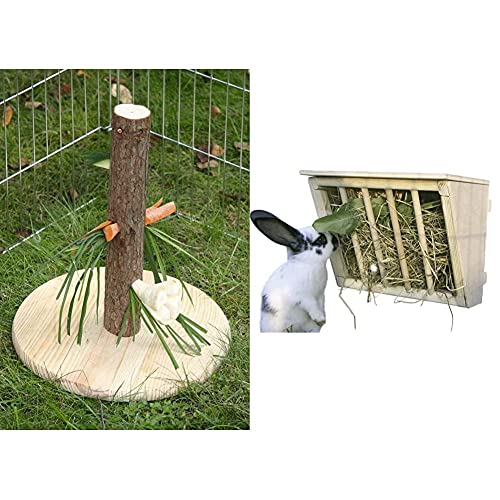 Kerbl Futterbaum Nature für Nagetiere/Kaninchen (Abwechslung, Spielzeug für Nager, Höhe 30 cm) 84408 & Heuraufe für Kaninchen (Raufe aus Holz, mit Sitzbrett, 25x17x20 cm) 84405 von Kerbl