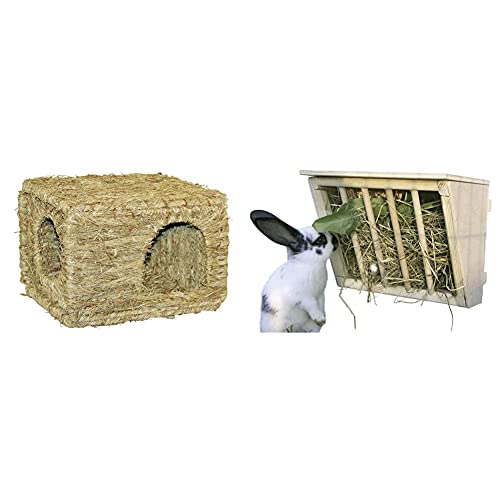Kerbl Grashaus XL (für Kaninchen/Nagetiere, natürlich getrocknetes Gras, für den Verzehr geeignet, 37x30x28 cm) 82789 & Heuraufe für Kaninchen (Raufe aus Holz, mit Sitzbrett,25x17x20 cm) 84405 von Kerbl