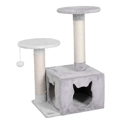 Kerbl Pet Kratzbaum Saphir Light, Für kleine bis mittelgroße Katzen, Mit Sisalsäulen/Häuschen/Spielball, Platzsparend und standfest, 60x50x80 cm, Weiß/Grau von Kerbl Pet