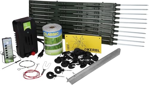 Kerbl Paddock Weidezaun-Starterset mit 230-Volt-Netzgerät, Weidezaunband, Erdpfahl, Isolatoren und Kunststoffpfählen – Komplettset für Elektrozaun, Weidezaungerät 441158 von Kerbl