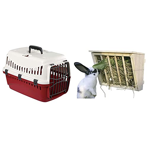 Kerbl Transportbox Expedion (Tiertransportbox für Haustiere/Katzen/Hunde/Kaninchen, Maße 45x30x30 cm) & Heuraufe für Kaninchen (Raufe aus Holz, mit Sitzbrett, LxBxH: 25x17x20 cm) von Kerbl