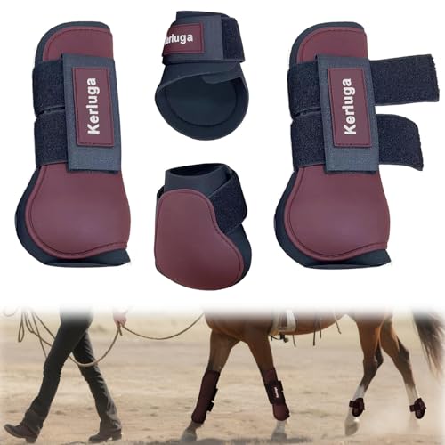 Equine Kniestiefel Set mit 4 professionellen Pferdesportstiefeln, umfassender Schutz der unteren Gliedmaßen und Unterstützung für Ausdauertraining und Leistung (Weinrot, voll) von Kerluga