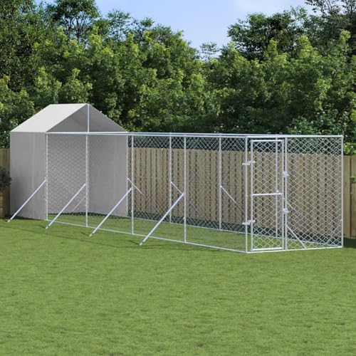 Keyroto Hundekäfig mit Dach Kennel für Hunde Outdoor Hundegehege aus verzinktem Stahl mit Tür mit Schloss Silber - 2 x 10 x 2,5 m von Keyroto