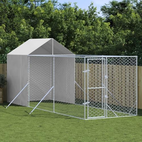 Keyroto Hundekäfig mit Dach Kennel für Hunde Outdoor Hundegehege aus verzinktem Stahl mit Tür mit Schloss Silber - 2 x 6 x 2,5 m von Keyroto