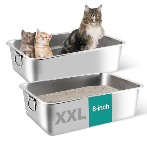 2 x Edelstahl-Katzentoilette, 20,3 cm, extra groß, XXL-Metall-Katzentoilette für große Katzen, hohe Seiten, Katzentoilette mit Griff, große Katzentoilette, leicht zu reinigen, antihaftbeschichtet, 2 x Edelstahl-Katzentoilette, 20,3 cm, extra groß, XXL-Metall-Katzentoilette für große Katzen, hohe Seiten, Katzentoilette mit Griff, große Katzentoilette, leicht zu reinigen, antihaftbeschichtet, von Keyzone