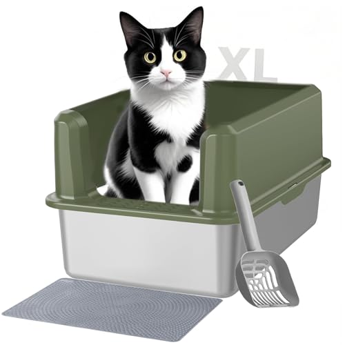 Katzenklo Edelstahl, XL Katzentoilette Edelstahl mit hoher geschlossener Seite für große Katzen, Große Cat Litter Box, Antihaft, Anti-Leckage, Einfache Reinigung, mit Scroop und Wurfmatte (grau) von Keyzone