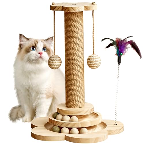 KHALOR Katzenkratzbaum, 4 in 1 Holz Katzenkratzspielzeug mit 2 Ebenen Cat Track Bälle, Interaktives Katzenfederspielzeug und 2 Sisal Hängende Bälle für Indoor Kittens, Erwachsene Katzen KHALOR Katzenkratzbaum, 4 in 1 Holz Katzenkratzspielzeug mit 2 Ebenen Cat Track Bälle, Interaktives Katzenfederspielzeug und 2 Sisal Hängende Bälle für Indoor Kittens, Erwachsene Katzen von Khalor