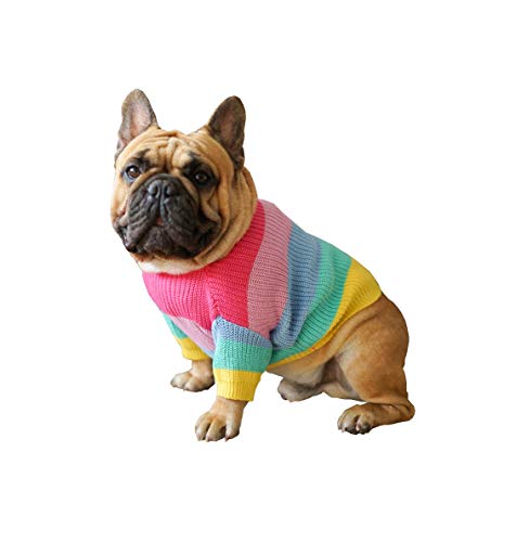 Khemn Bulldog Regenbogen Strickpullover Hund Pullover Niedliche Hundekleidung für Französische Bulldogge/Englische Bulldogge/Bullterrier/Mops (L) von Khemn