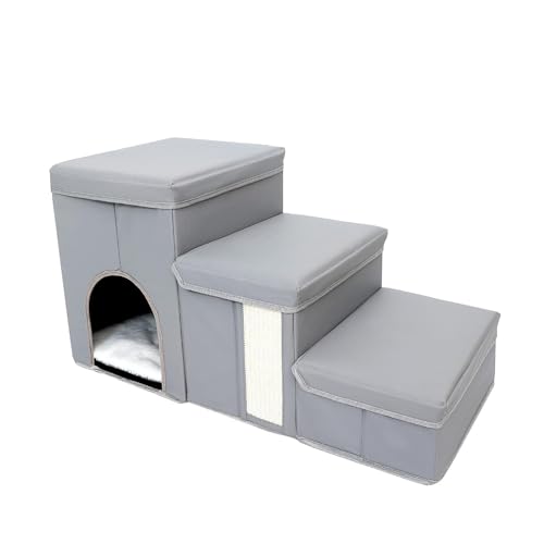 KiBcsLic Haustierleiter Klappbare Haustierstufe Hundetreppe Katzenleiter mit Robuster Konstruktion Abnehmbaren Stufen Praktischer Aufbewahrung Und Rutschfestem, Grau von KiBcsLic