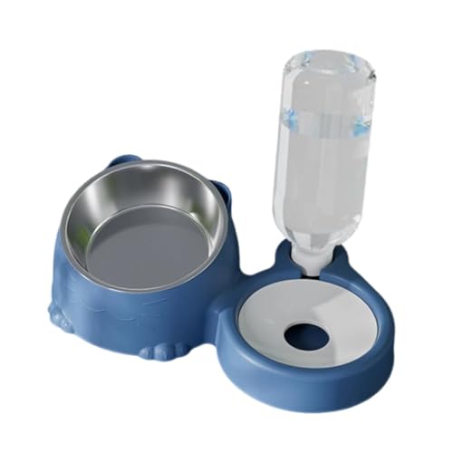 KiBcsLic Katzennapf Doppel Futternapf Wasserspender Futterautomat mit Edelstahleinsatz 2 in 1 Funktion Transparente Wasserflasche Und rutschfeste Basis für Kle, Blau von KiBcsLic