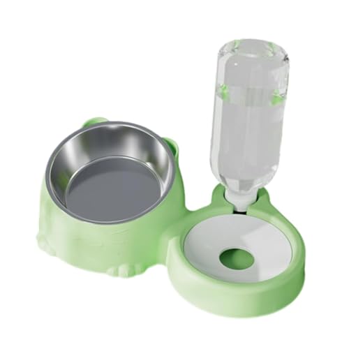 KiBcsLic Katzennapf Doppel Futternapf Wasserspender Futterautomat mit Edelstahleinsatz 2 in 1 Funktion Transparente Wasserflasche Und rutschfeste Basis für Kle, GrÜn von KiBcsLic