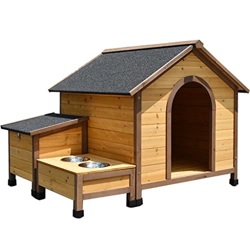 Hundehütte aus Holz für den Außenbereich, Haustierhütte im Hüttenstil mit Futternäpfen, Asphaltdach, Aufbewahrungsbox für Hunde (Größe: 128,5 x 97,5 x 92 cm) von KiLoom
